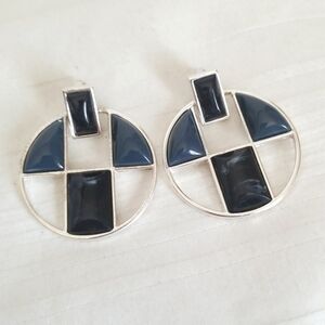 Silver Blue Abstract Hoop Earrings